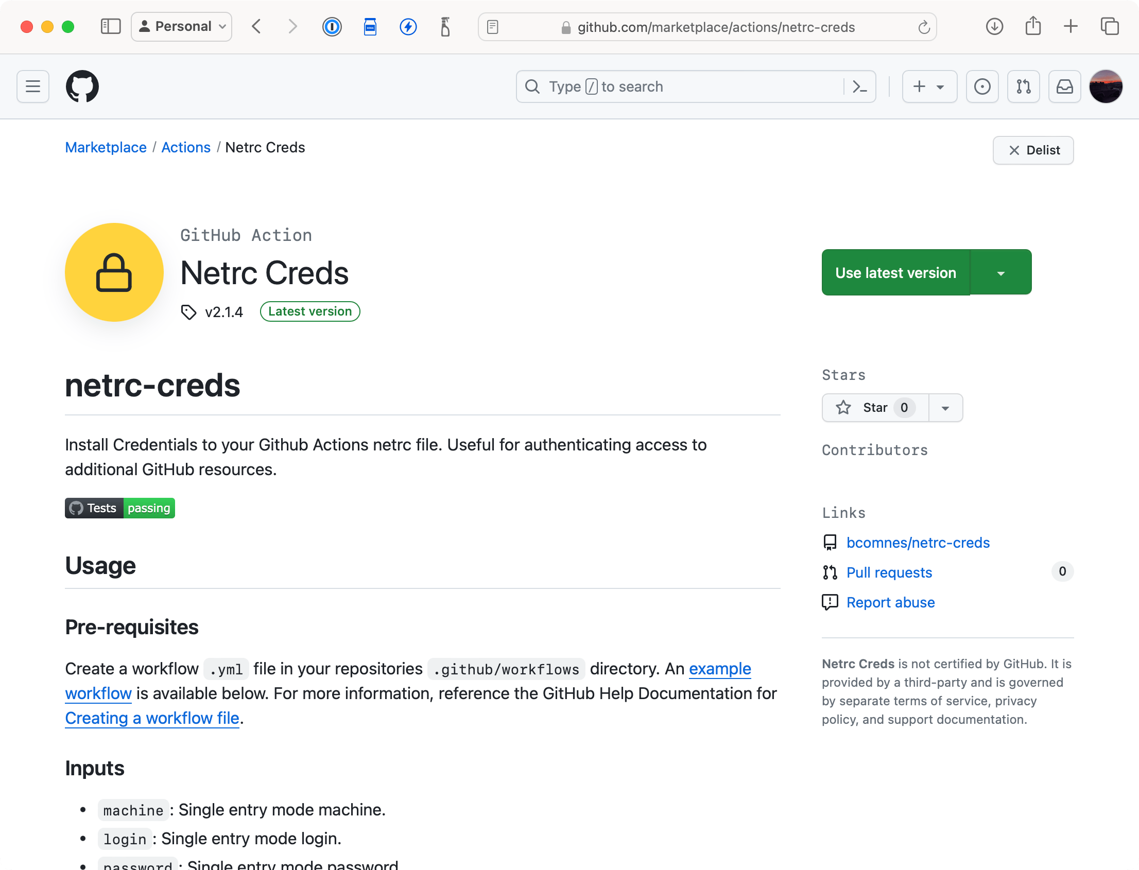 Screenshot of netrc-actions