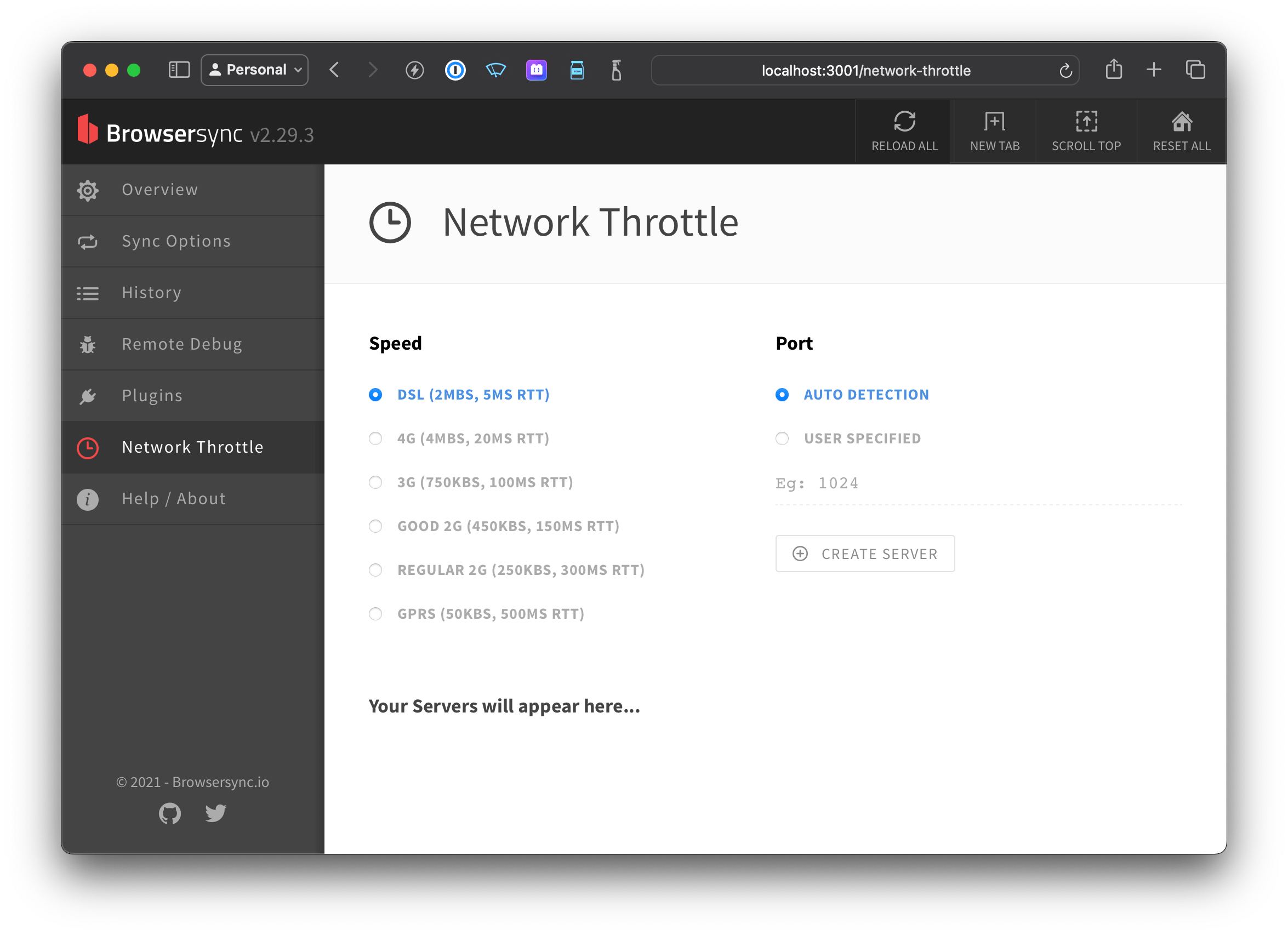 Screenshot of Browser Sync network throttle