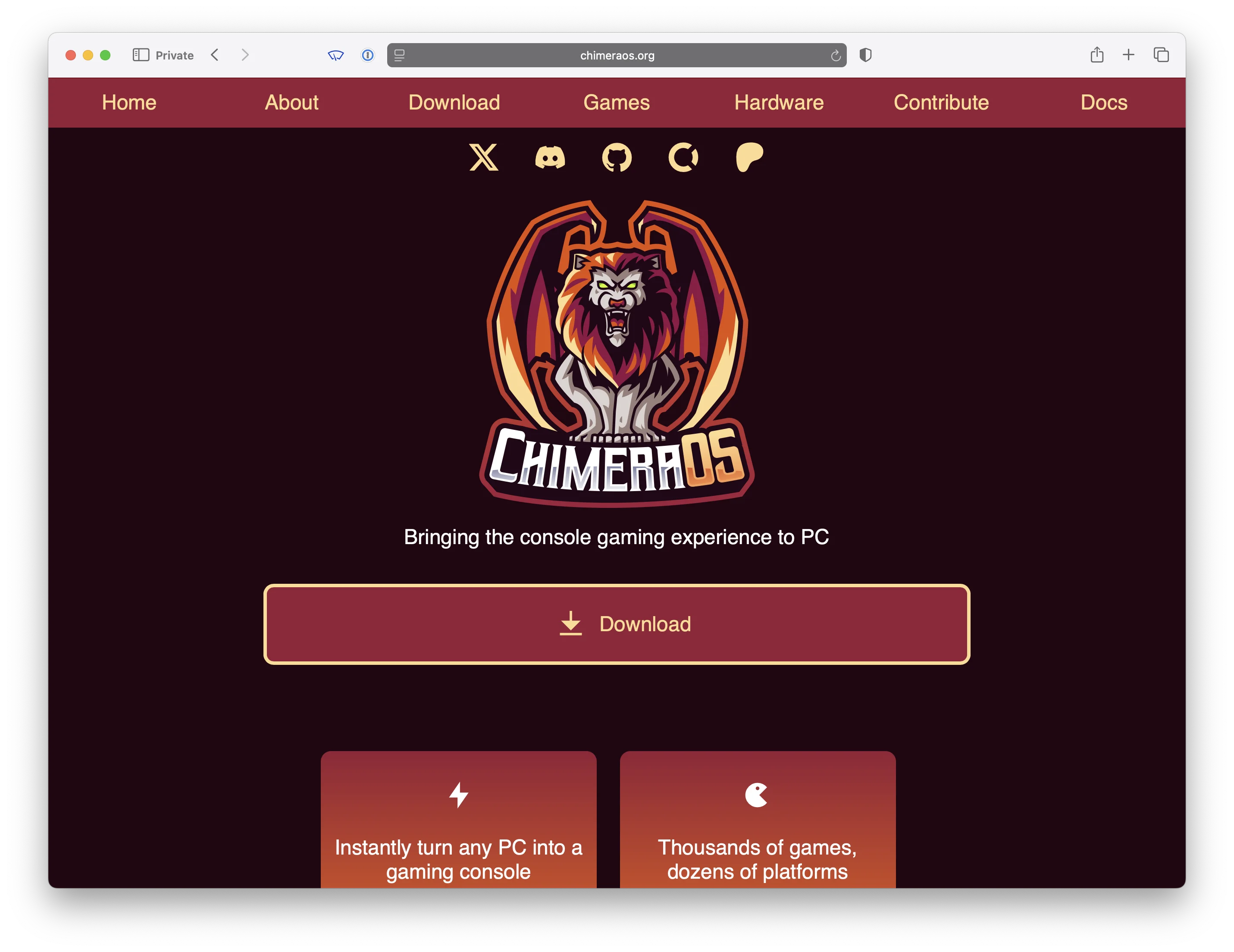 Screenshot of ChimeraOS's website