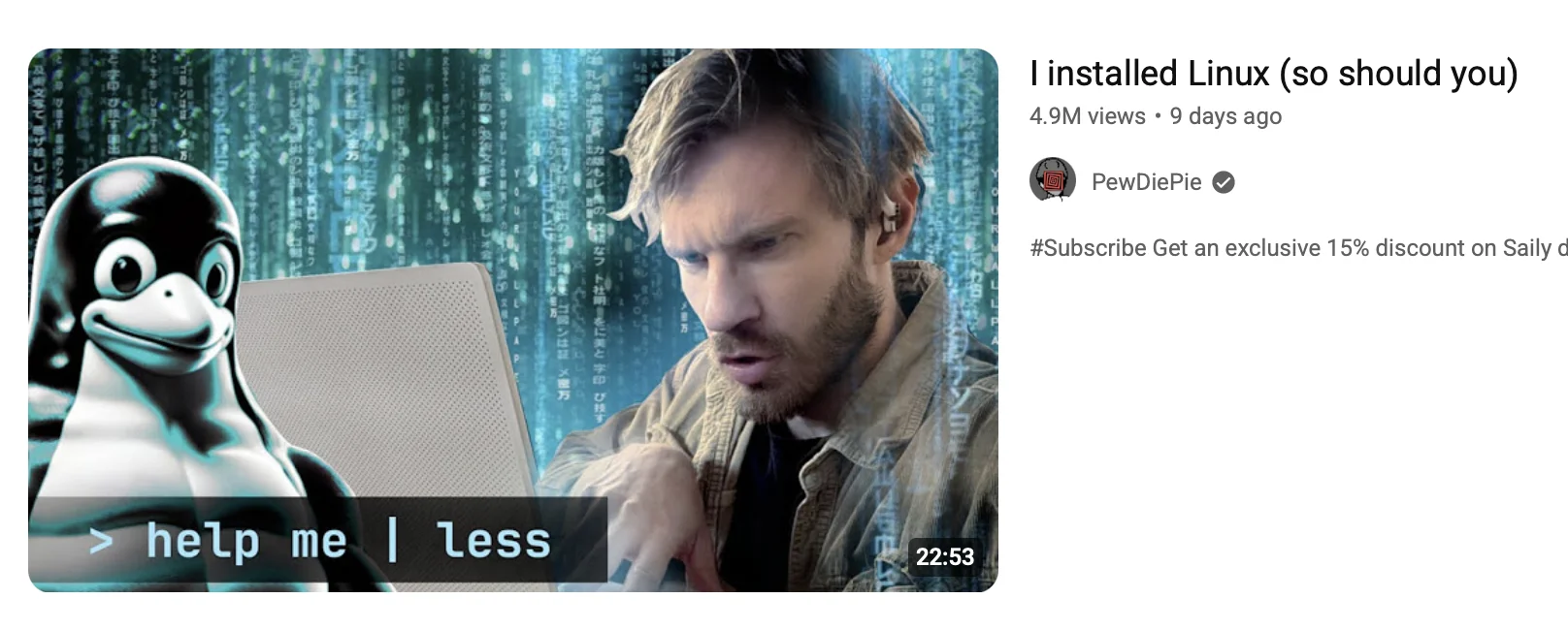 thumbnail of PewDiePie's Linux video
