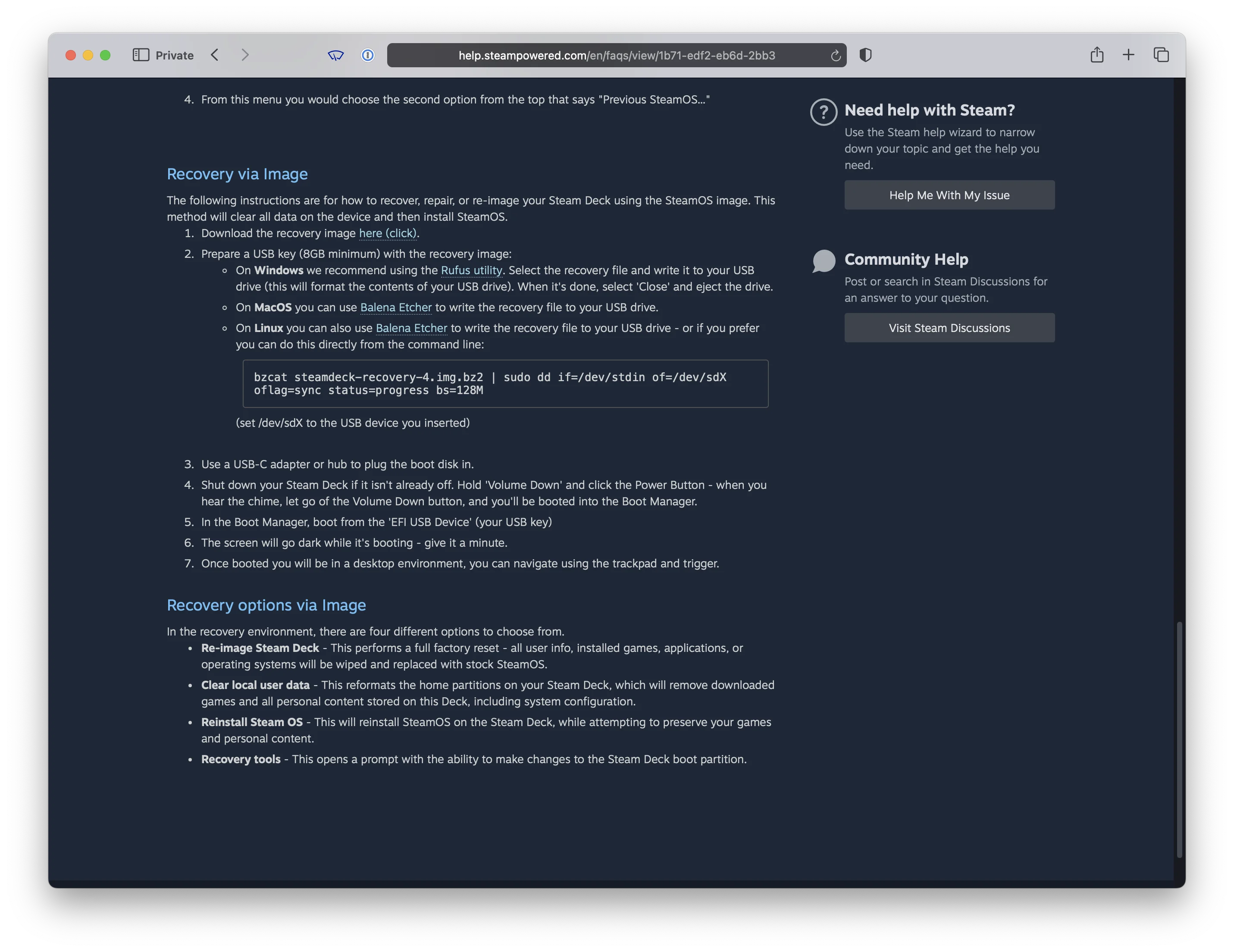 The Steam Deck recovery image instructions page