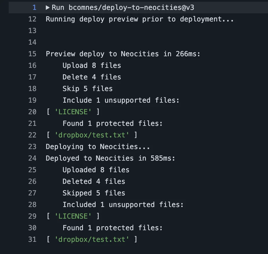 deploy-to-neocities preview and deployment output showing file counts and deployment time