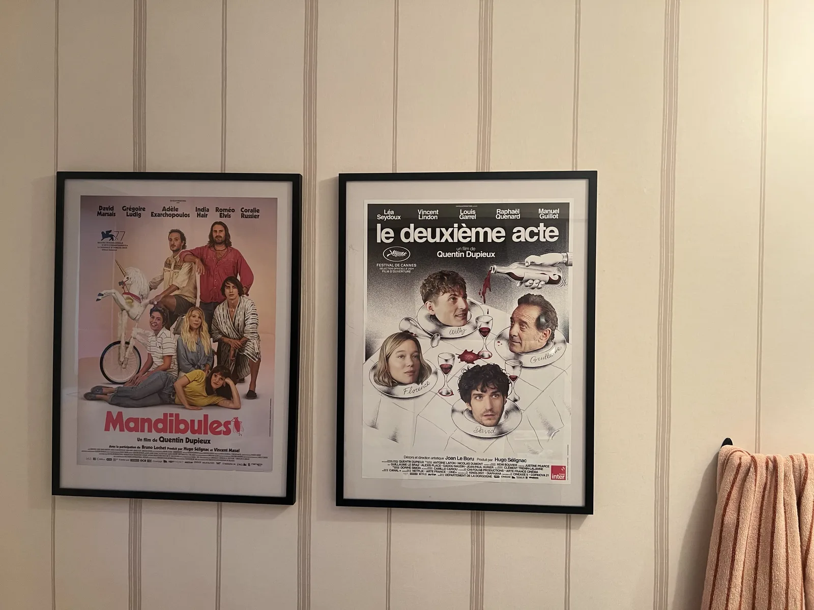 Framed posters for Mandibles and The Second Act hanging on a bathroom wall
