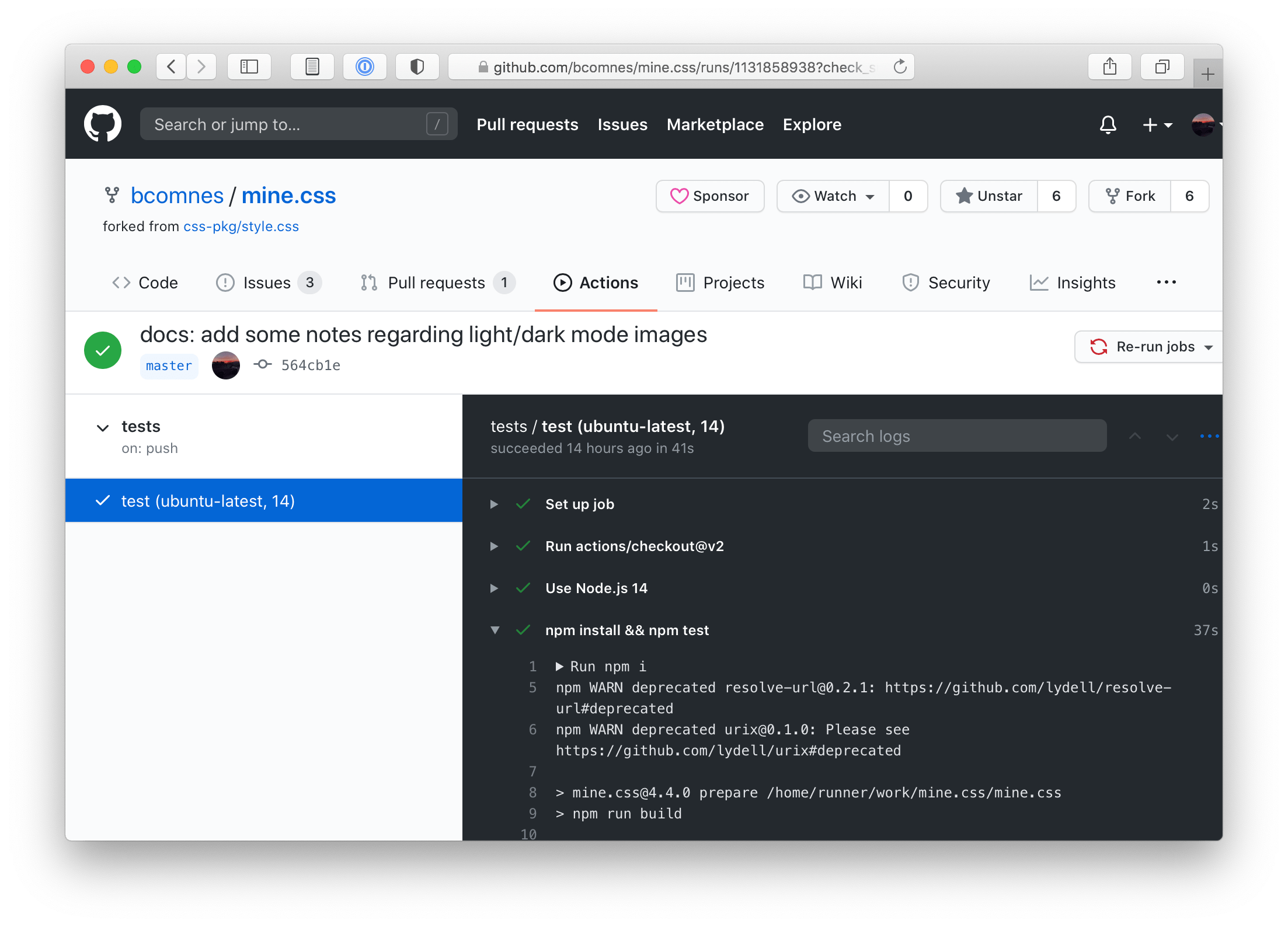 Screenshot of Github actions