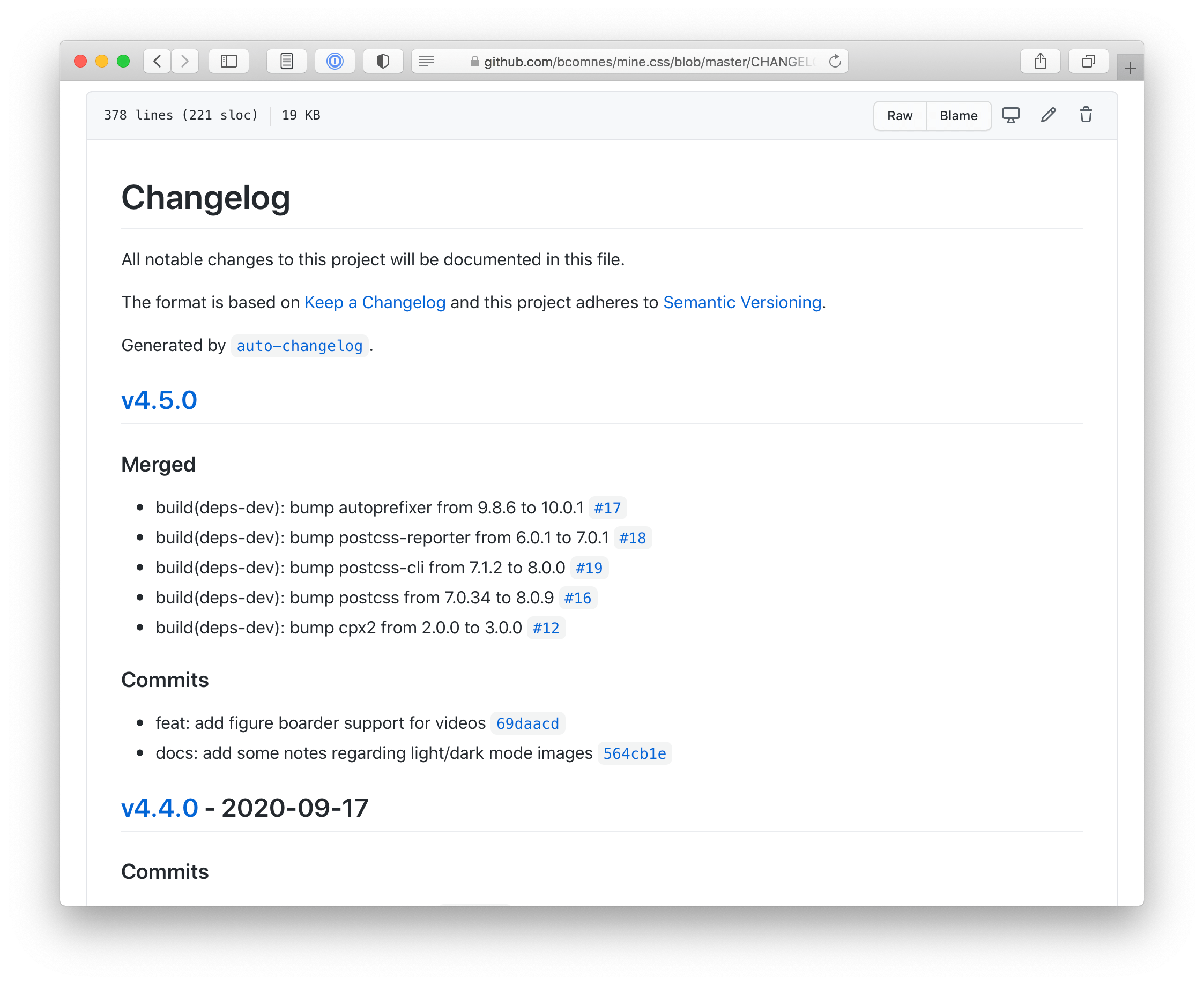 Screenshot of an auto-changelog changelog.