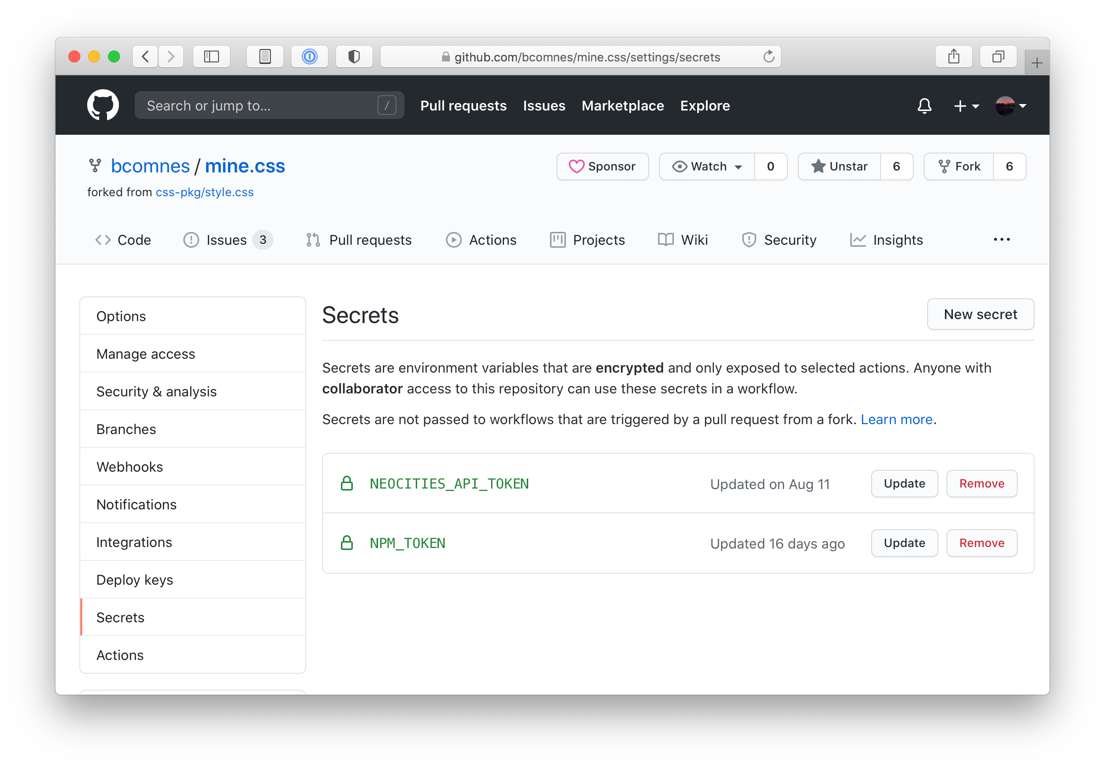 Screenshot of Github secrets