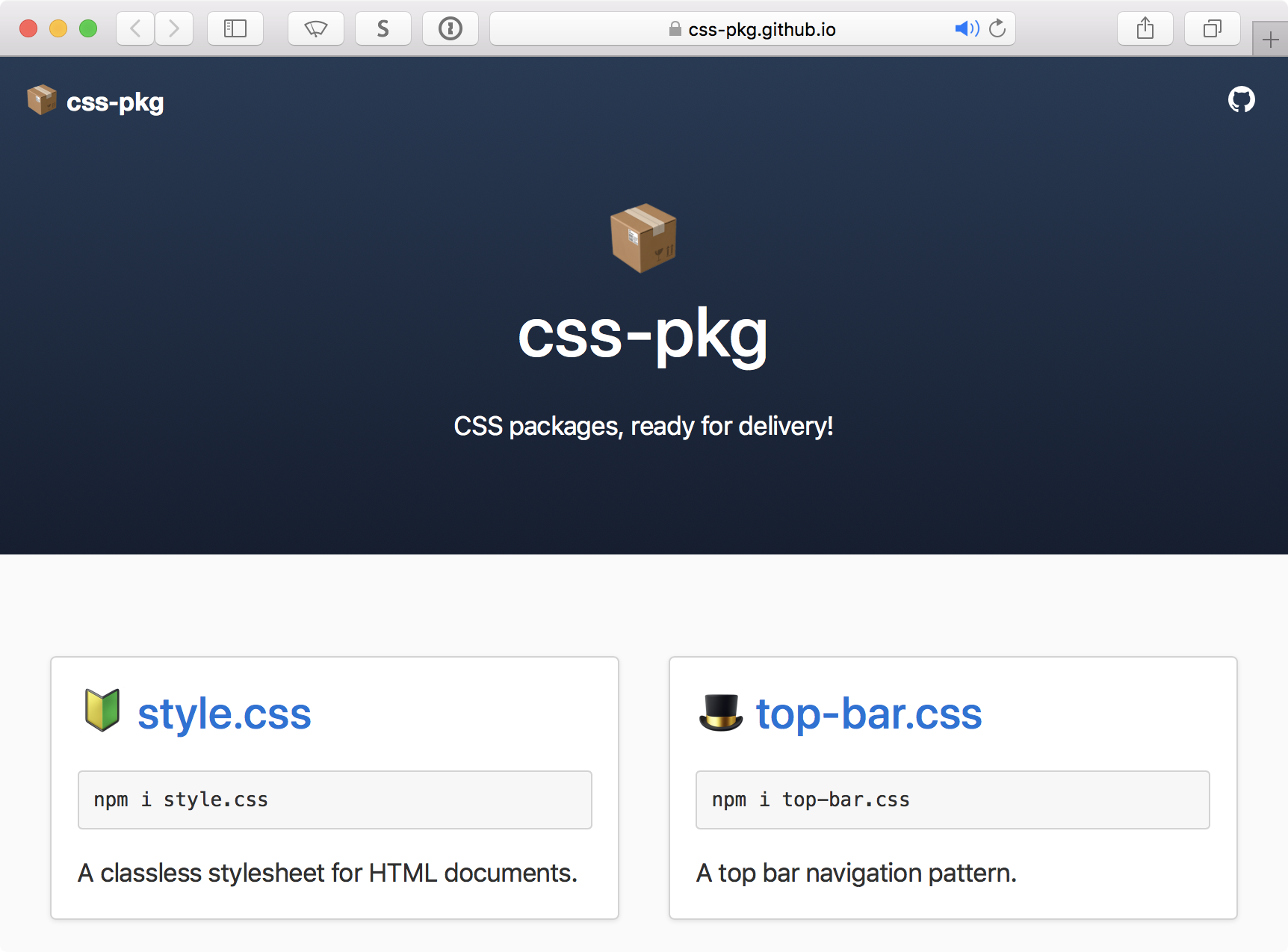 Screenshot of css-pkg website